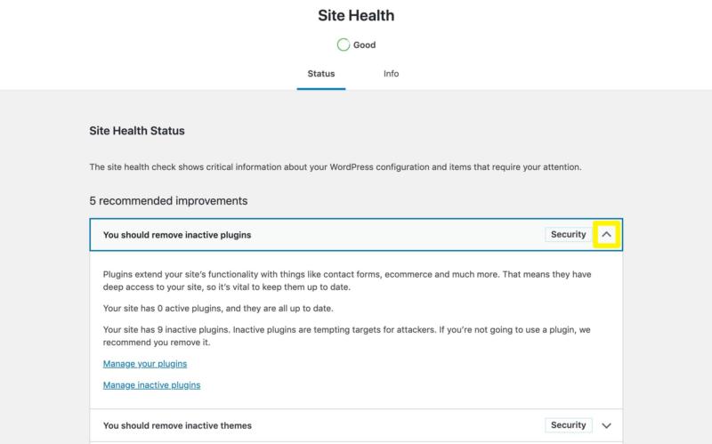 Viewing WordPress site health recommendations.